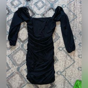 Square Neck Mesh Long Sleeve Ruched Bodycon Cocktail Dress Sz.M
